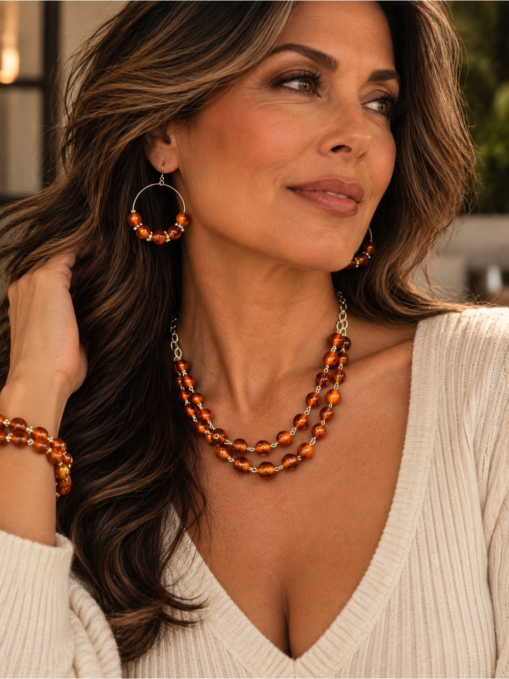 Elegant Amber Bead Necklace and Earring Set - Women Jewelry